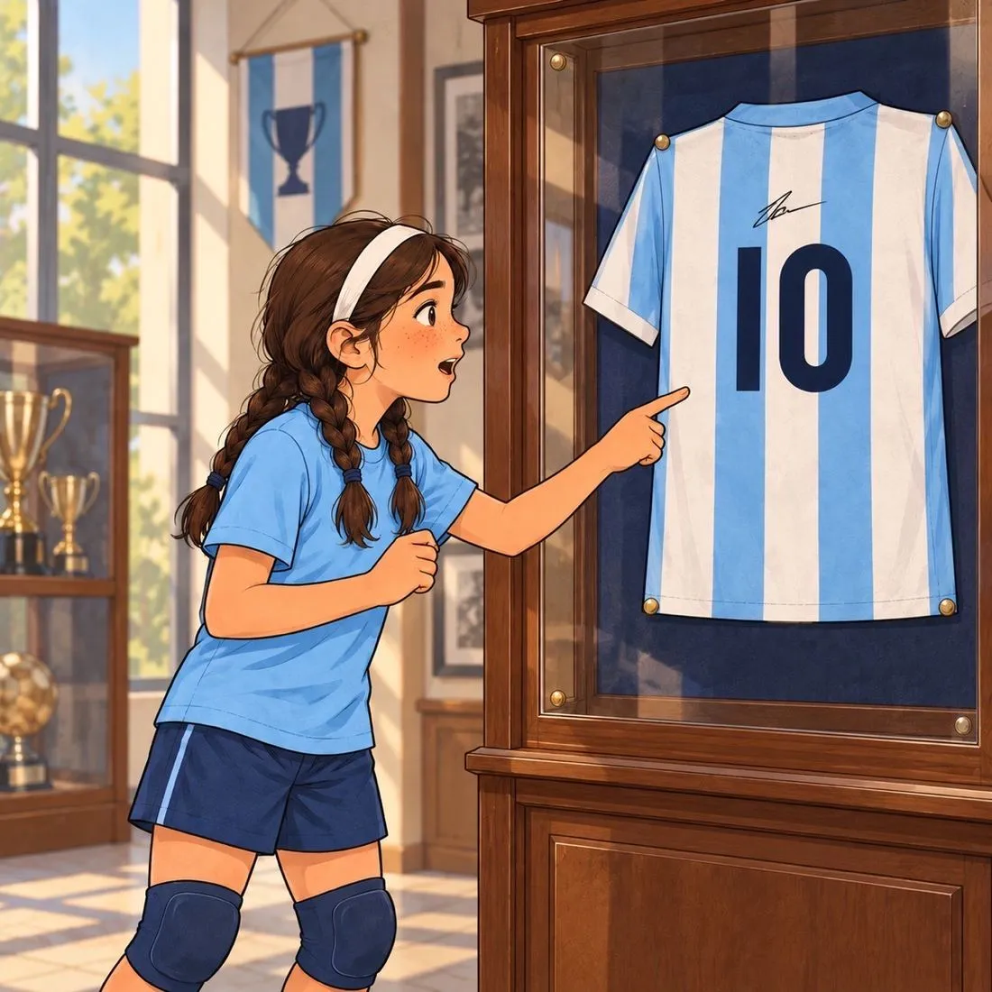 Abril, con la ropa del equipo, señala sorprendida la camiseta de la vitrina