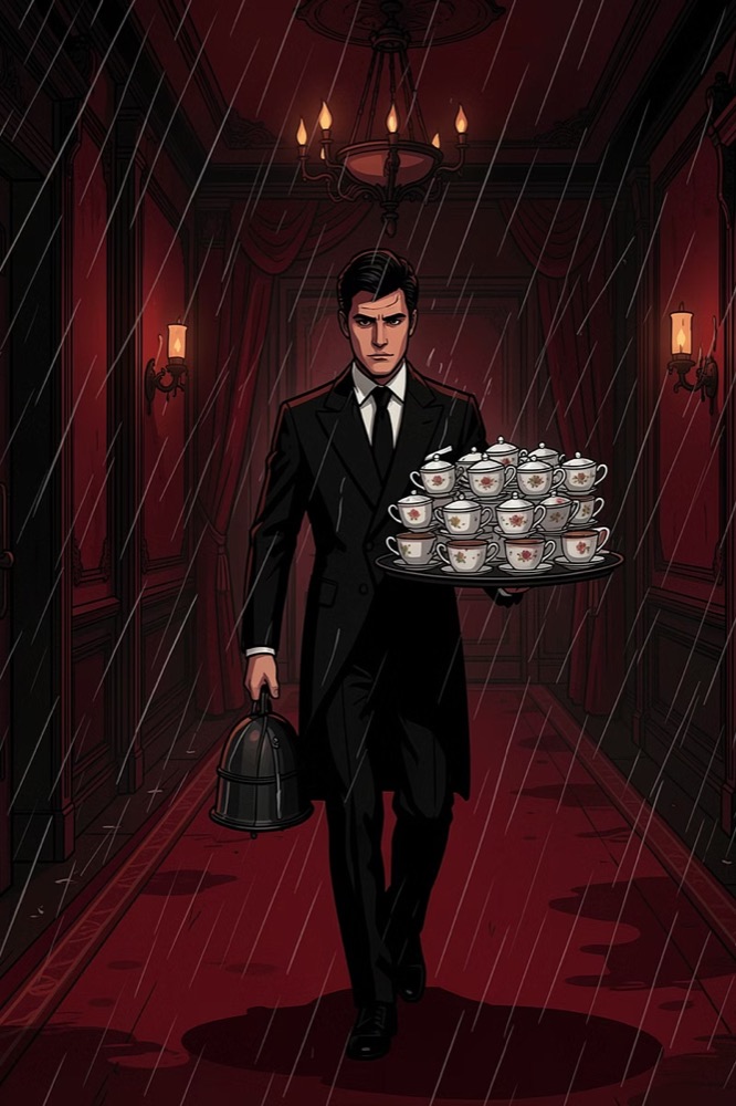 Ilustración de Anselmo, un mozo de traje con una bandeja de tazas, caminando por un pasillo en una noche de tormenta