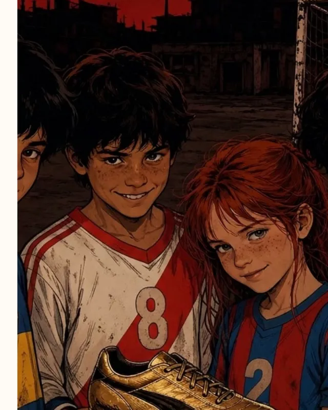 Ilustración recortada de los chicos con el botín dorado dentro del PDF de El Botín de Barracas