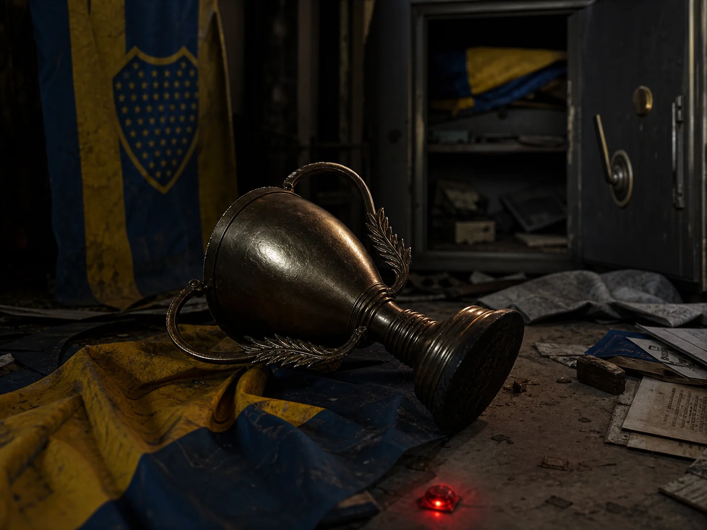 Trofeo de bronce junto a la caja fuerte