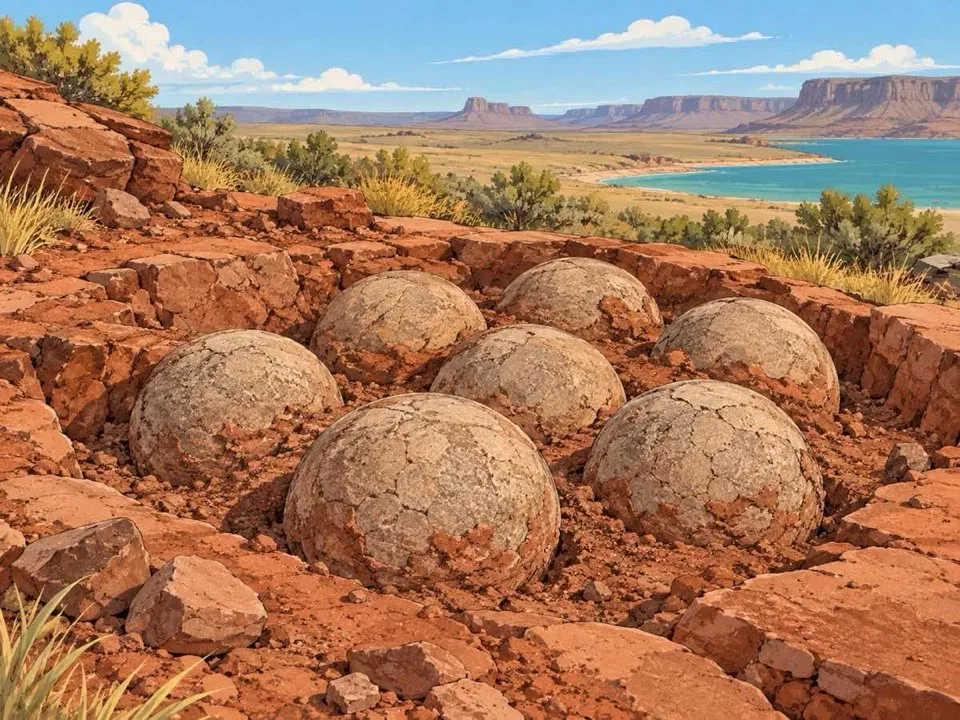 Ilustración de un nido de huevos de dinosaurio fósiles en la roca roja de la meseta neuquina