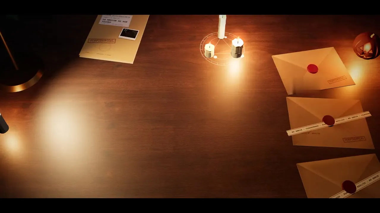 La mesa del juego con los sobres cerrados y las velas encendidas