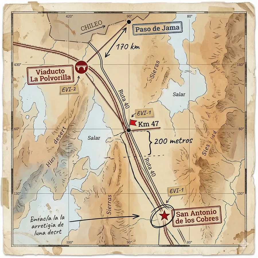 Mapa del recorrido con el km 47, Viaducto La Polvorilla y Paso de Jama
