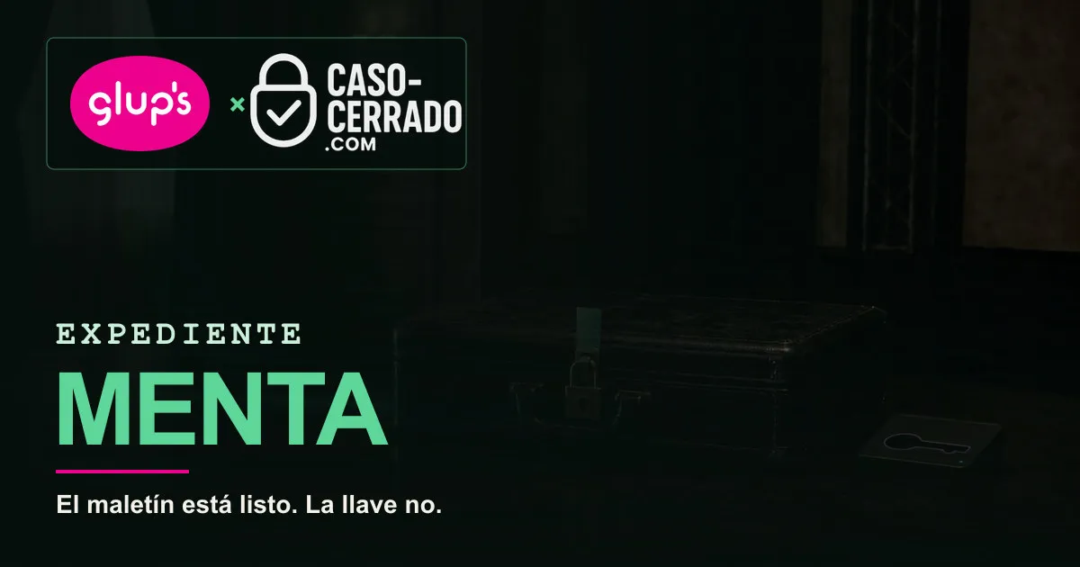 Maletín y llave de Expediente Menta junto a los logos de Glup’s y Caso-Cerrado.com
