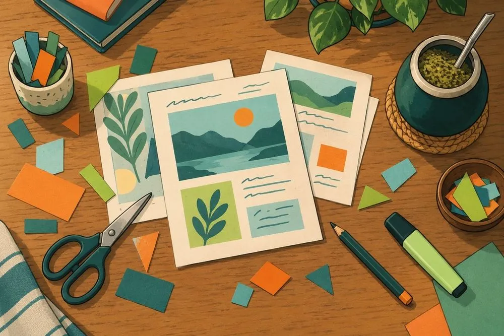 Papelitos de colores, una tijera, un mate y hojas del expediente sobre una mesa