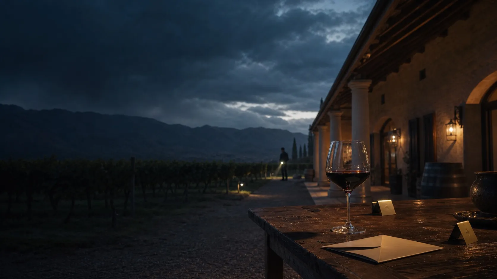 Bodega mendocina con copa de Malbec y evidencias del caso
