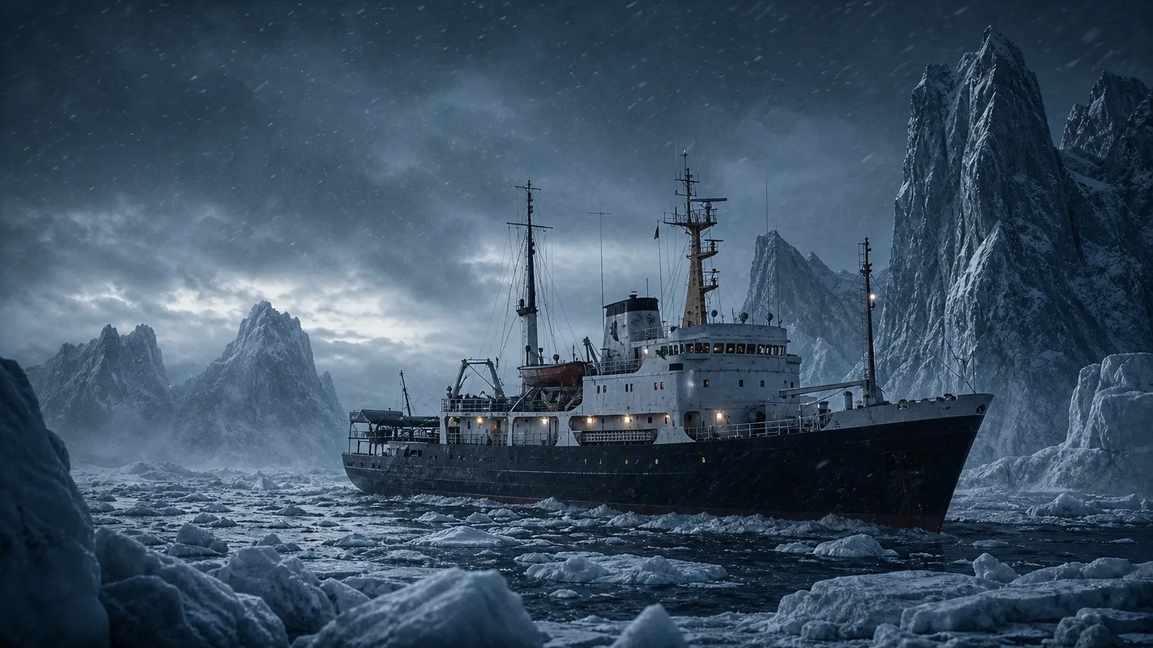 Buque científico navegando entre hielo y montañas del extremo sur