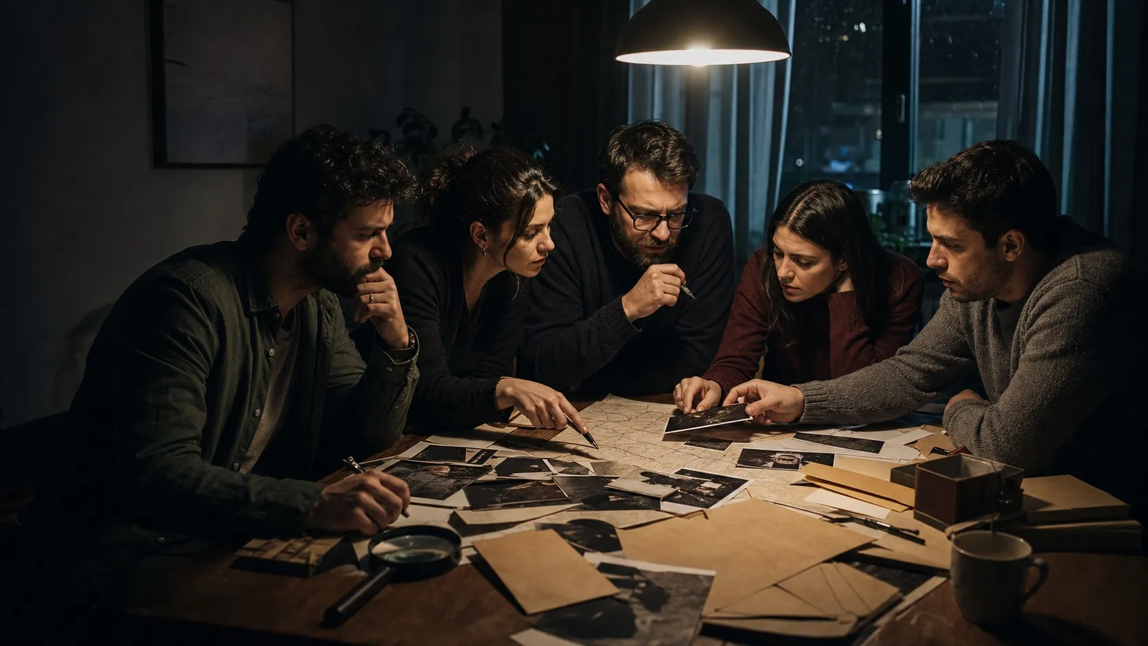Grupo investigando un caso alrededor de una mesa