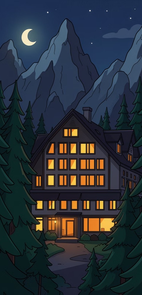 Ilustración del Hotel La Pinada entre pinos y montañas, de noche