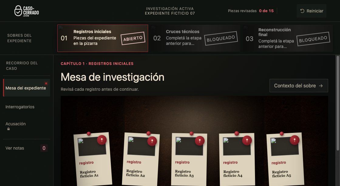 Vista real de una investigación online de Caso Cerrado