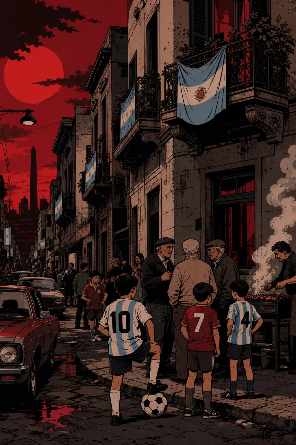 Pibes con la camiseta argentina y los abuelos del barrio alrededor del asado
