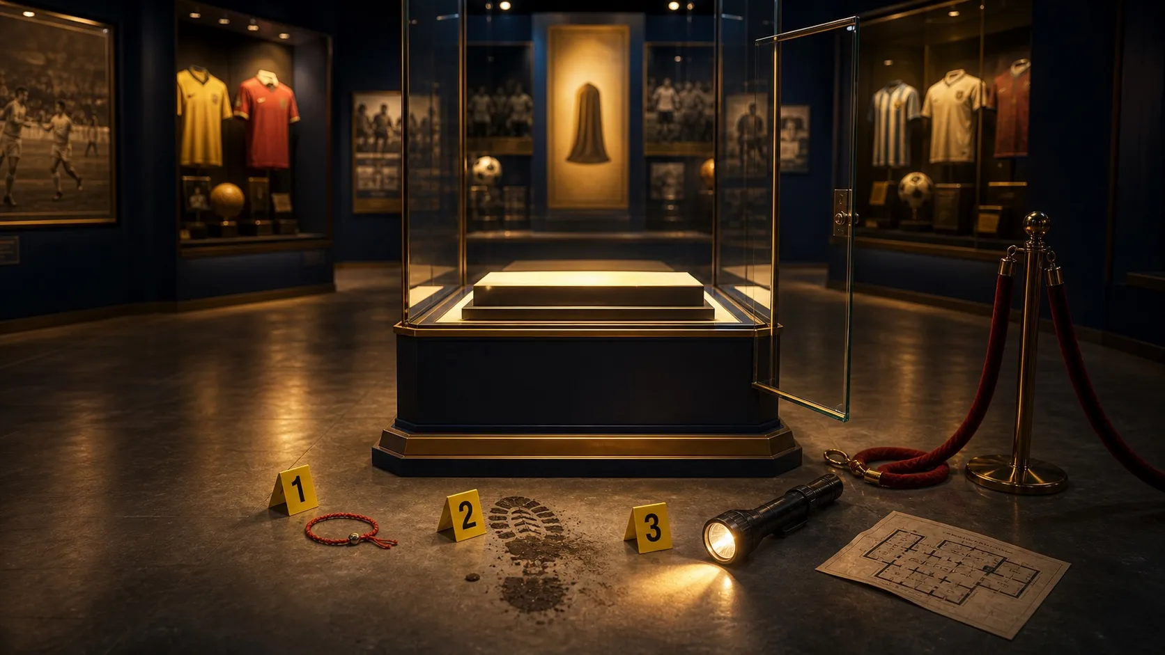 Vitrina vacía del museo del fútbol con huellas y evidencias del robo