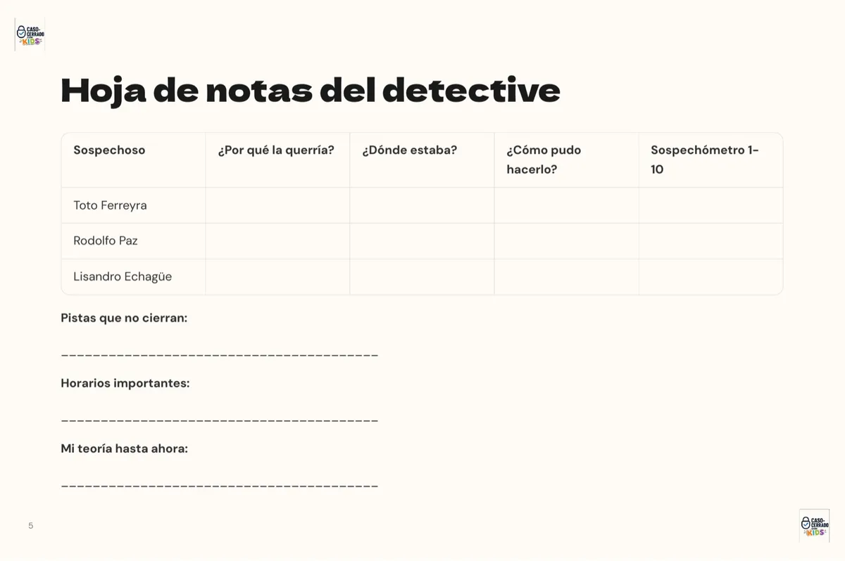 Hoja de notas del detective del caso El robo de la Copa del Mundo