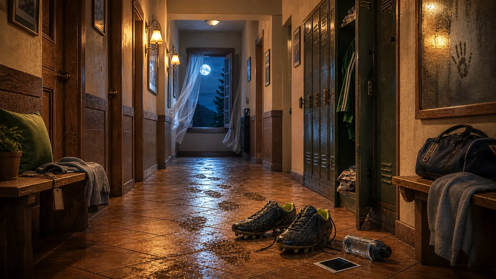 Pasillo de hotel con botines mojados, huellas y pistas del falso fantasma