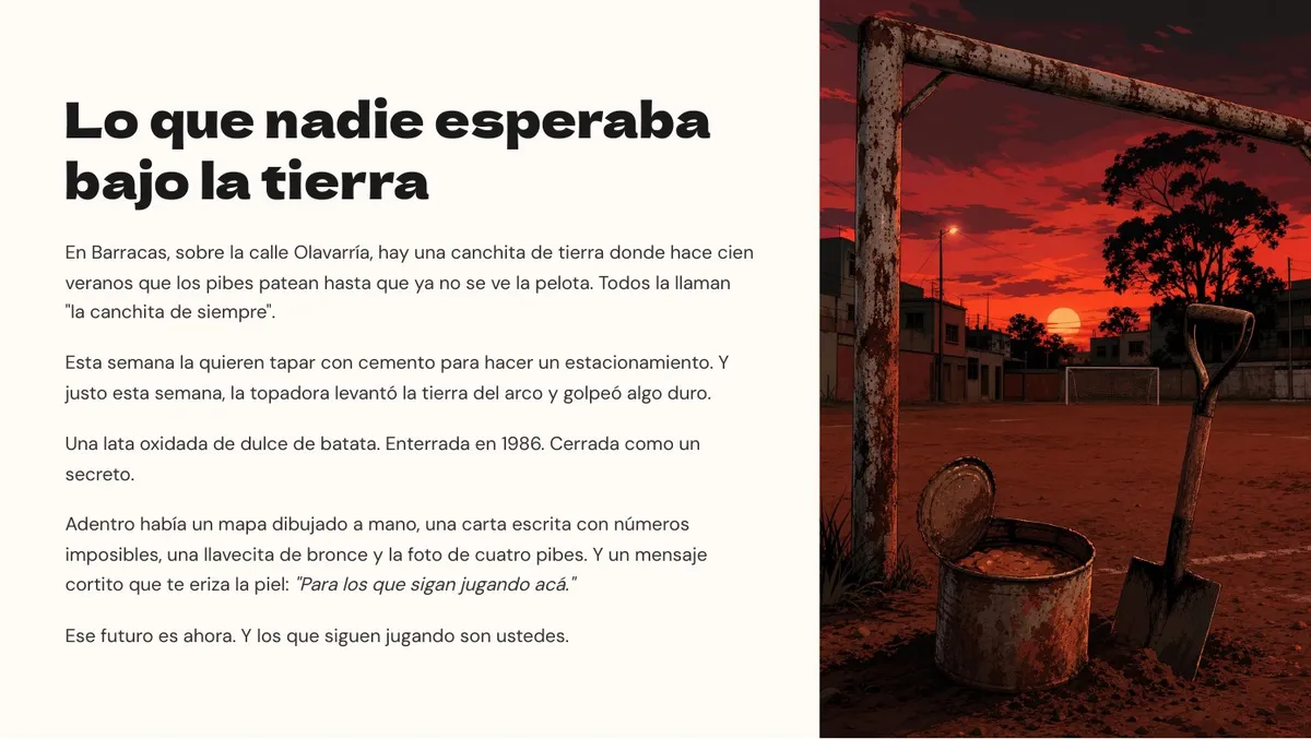 Página real de apertura de El Botín de Barracas, con una canchita al atardecer