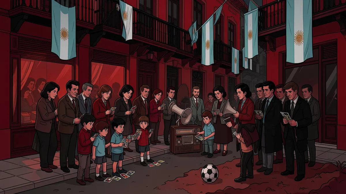 El barrio entero reunido alrededor de la radio, con los chicos ordenando las figuritas