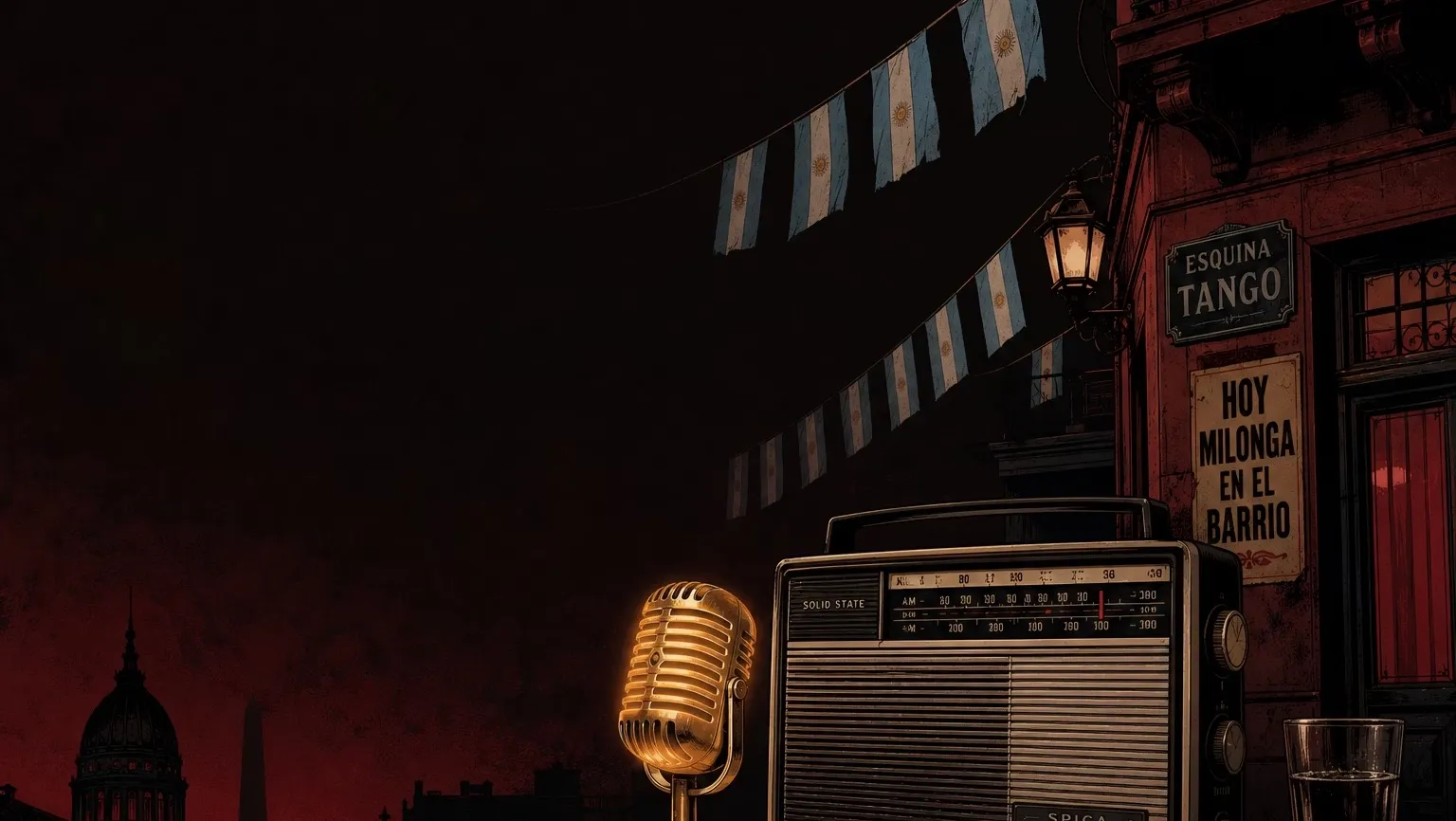 El micrófono de oro y la vieja radio de barrio bajo las banderas argentinas