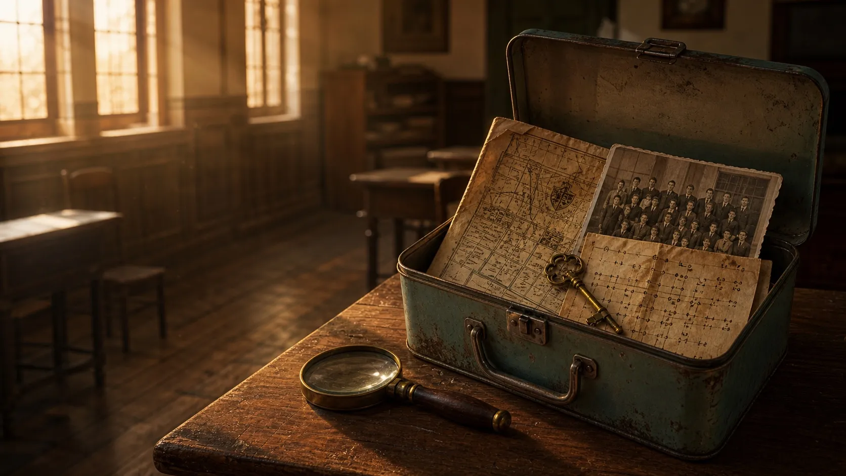 Valija antigua con mapa, llave, lupa y foto del Colegio Centenario