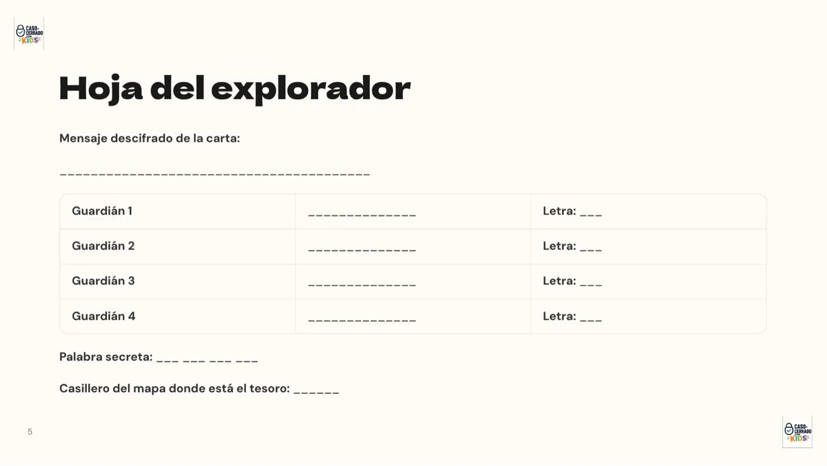 Hoja del explorador del caso El tesoro del Colegio Centenario
