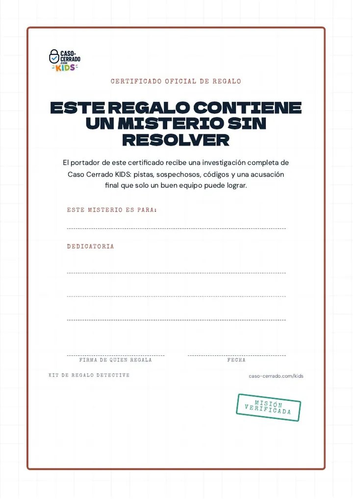 Hoja del kit: certificado de regalo con lugar para la dedicatoria