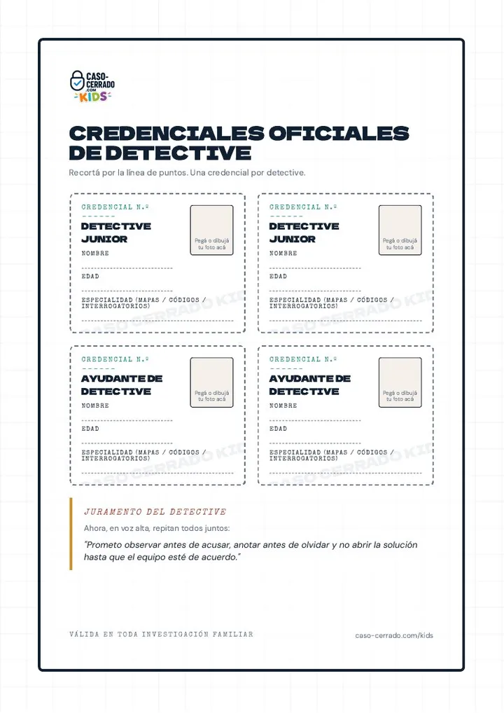 Hoja del kit: cuatro credenciales de detective para recortar