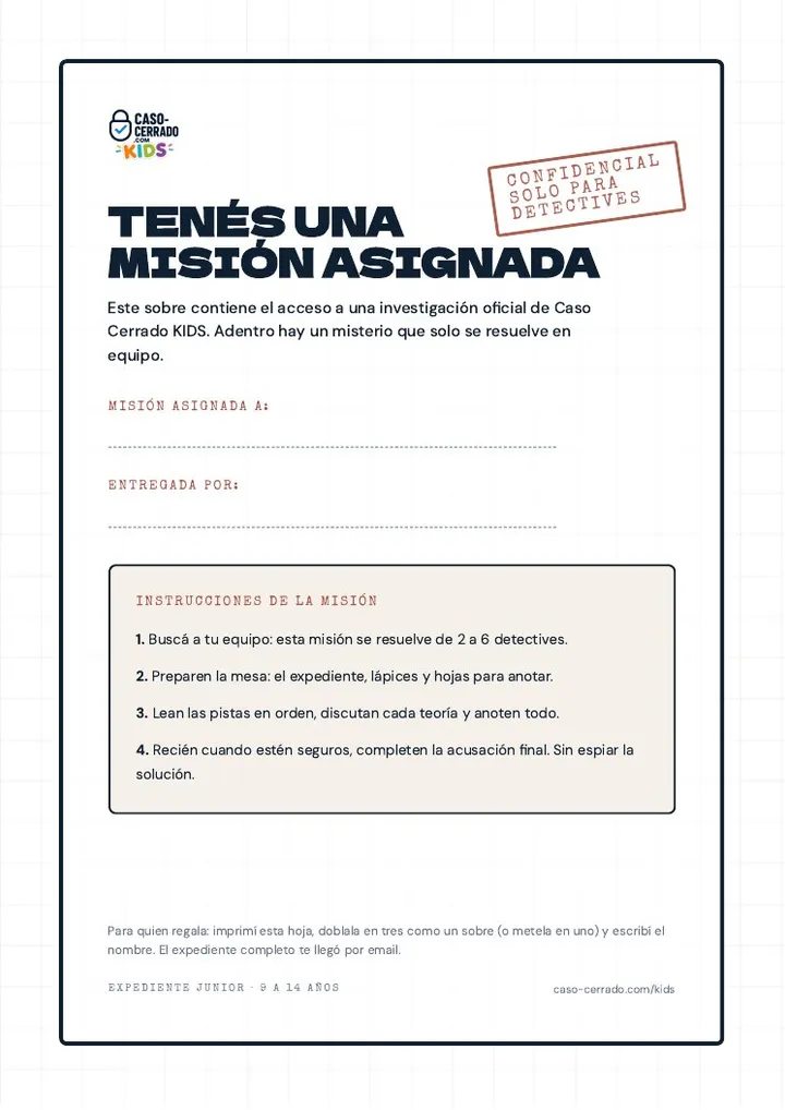 Hoja del kit: hoja-sobre «Tenés una misión asignada» para completar y doblar
