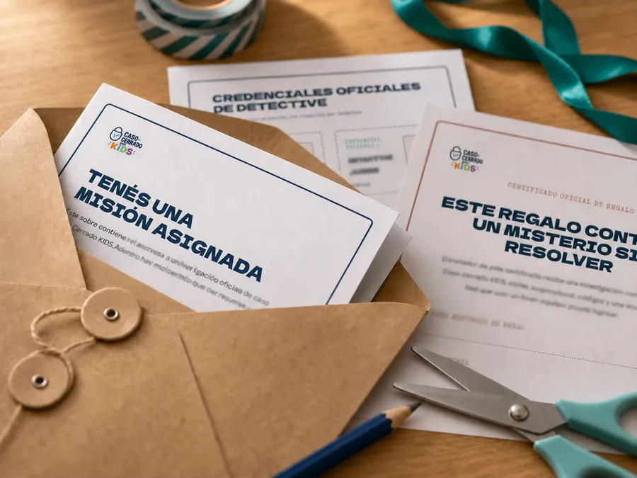 Hoja-sobre, credenciales y certificado del Kit de Regalo Detective