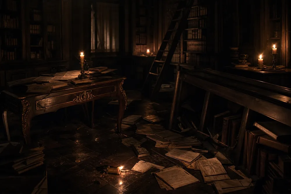 Biblioteca oscura de la casona después del apagón
