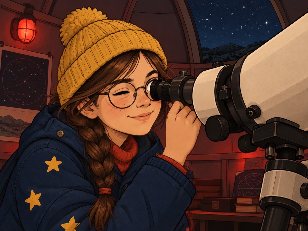 Lucía mira por el telescopio dentro de la cúpula, con luz roja