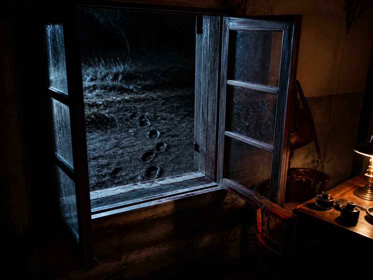 Ventana abierta con huellas bajo el marco