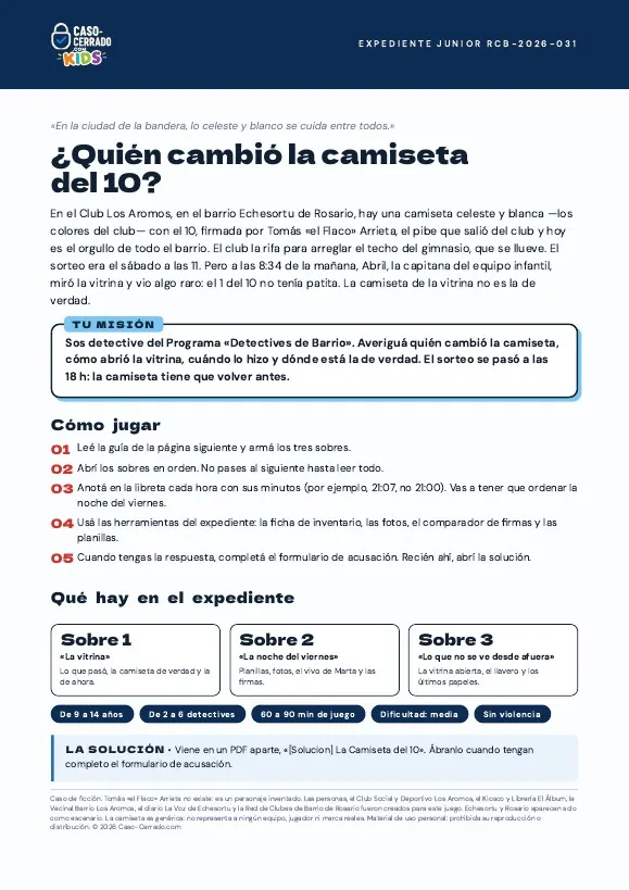 Página de presentación del caso: qué pasó, la misión y cómo jugar