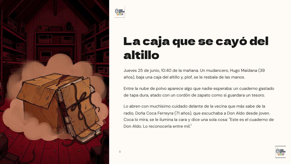Página La caja que se cayó del altillo, con el cuaderno entre el polvo