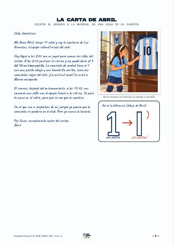 Carta escrita a mano por Abril, la capitana del equipo infantil