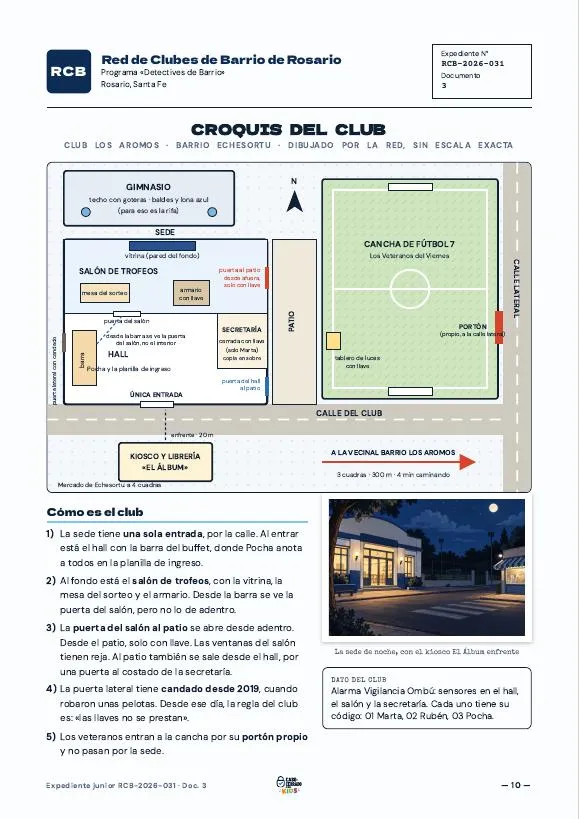 Croquis del club con la sede, el salón de trofeos y la cancha