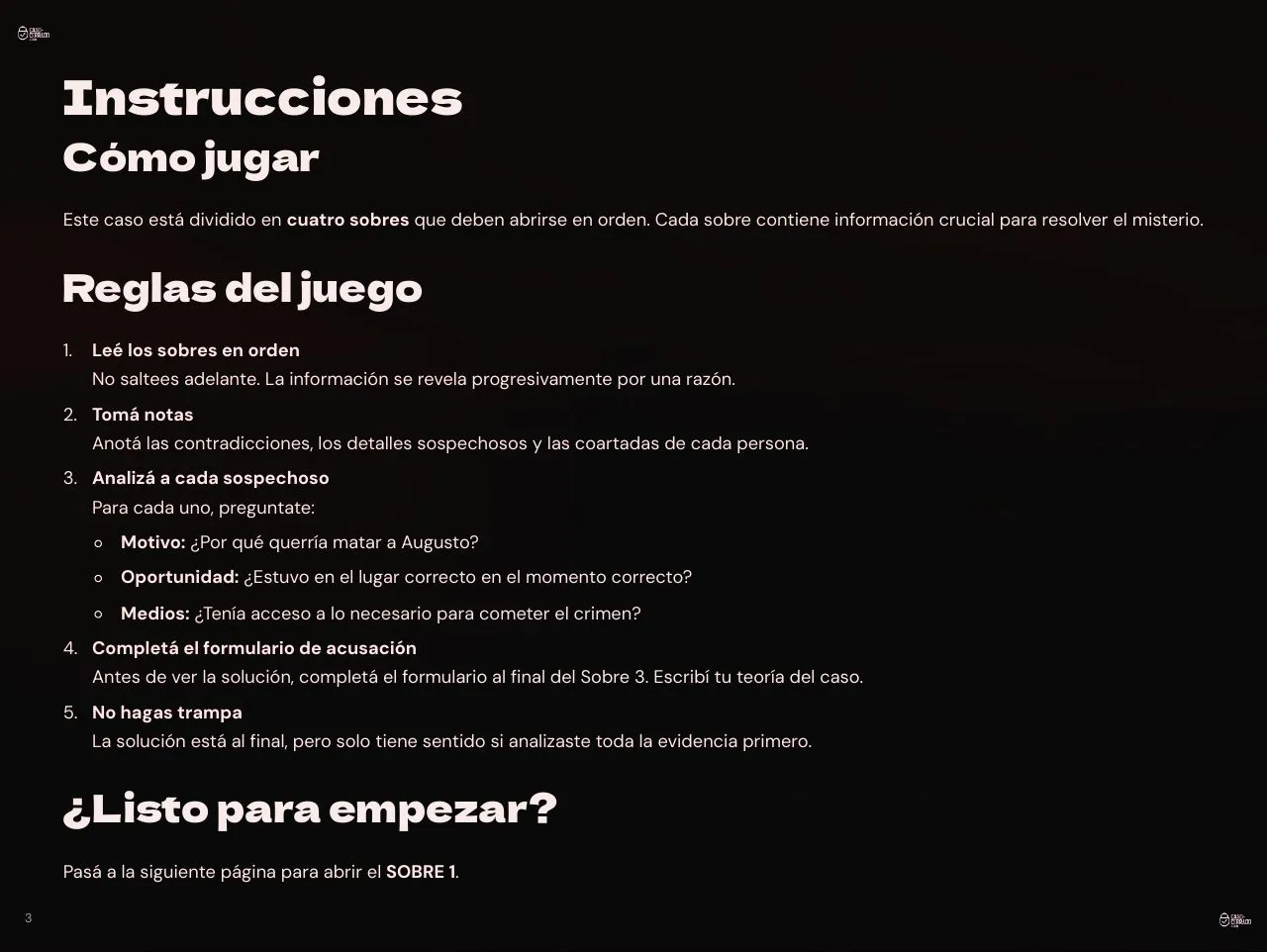 Página 3 del expediente El espectro de La Cumbrecita: Instrucciones