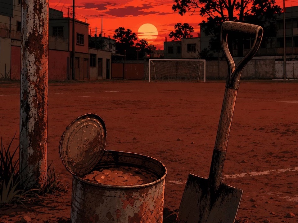 Una lata oxidada recién desenterrada en la canchita, con una pala clavada en la tierra al atardecer