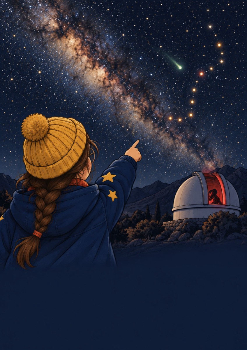 Lucía, de espaldas, señala un cometa sobre el observatorio de las sierras