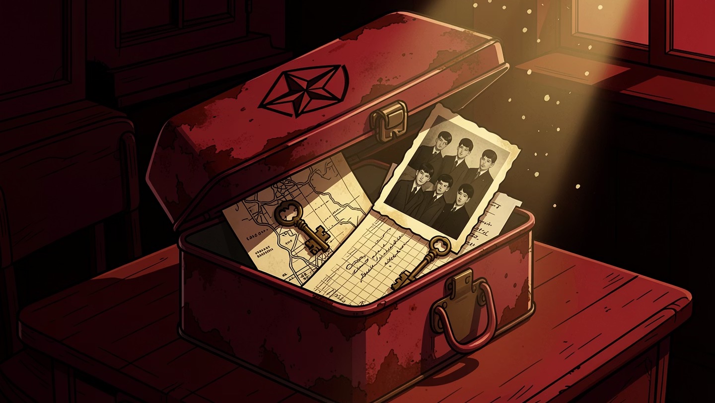 Una caja de lata abierta con un mapa, una llave de bronce, una carta y una foto vieja