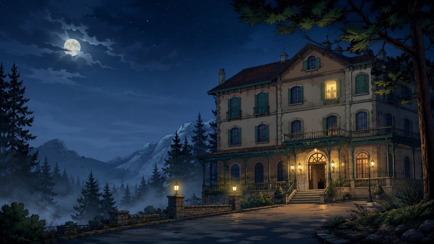 Un hotel antiguo en las sierras, de noche, con luna llena y pinos alrededor