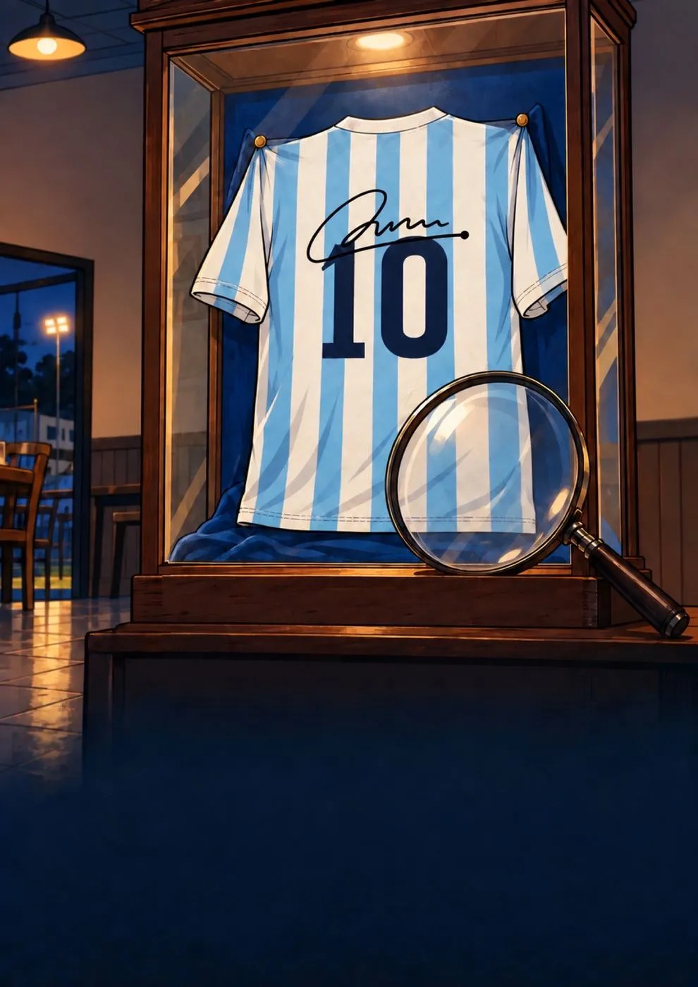 La camiseta celeste y blanca con el 10 y una firma, colgada en la vitrina del club, con una lupa apoyada
