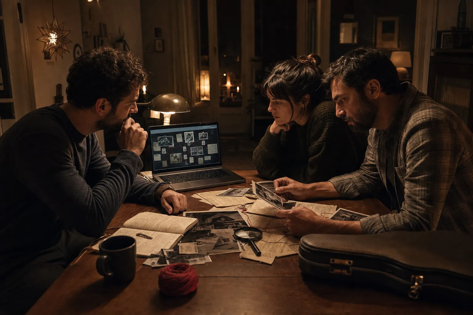 Tres personas alrededor de una mesa recreando una partida de investigación