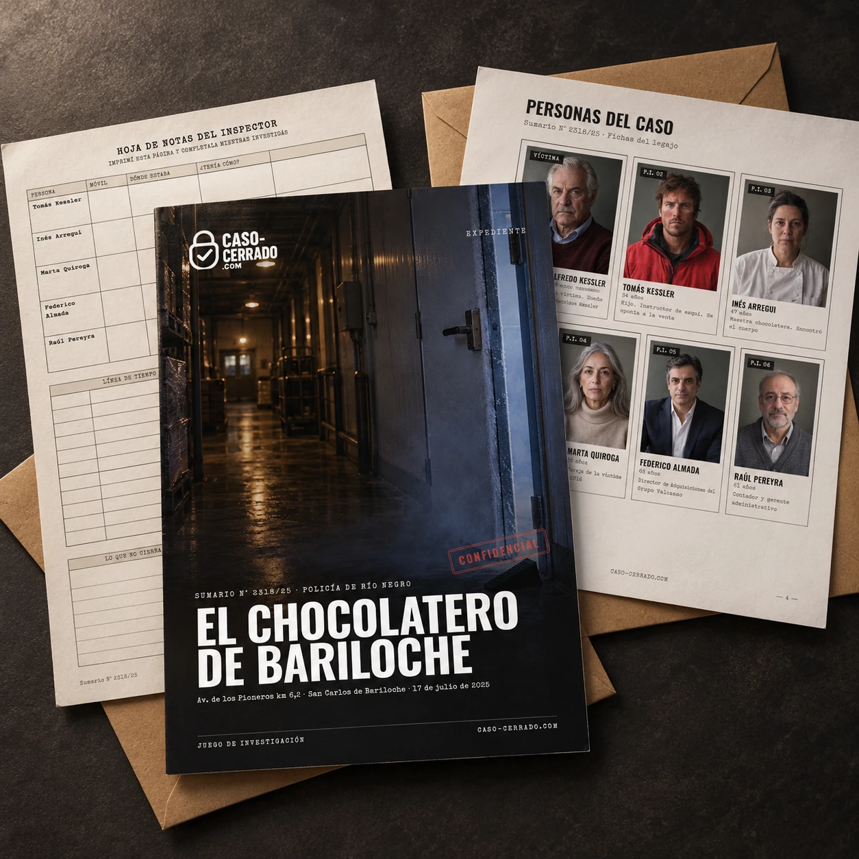 Composición ilustrativa de las hojas del expediente y tres sobres